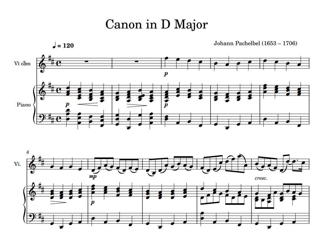Canon in D - Johann Pachelbel soạn cho violin và phần đệm Piano